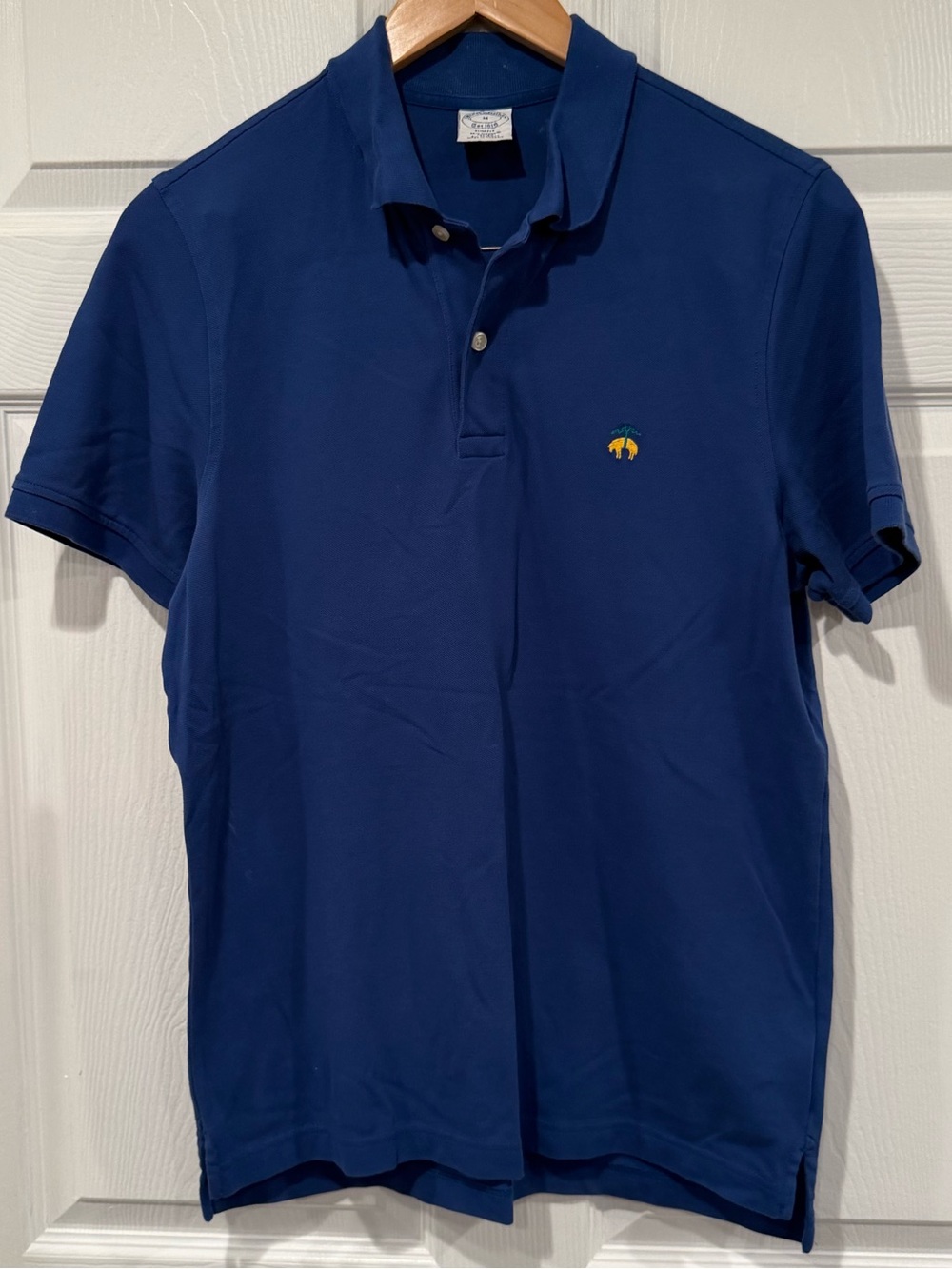 Brooks Brothers Mens M Slim Blue Cotton Spandex Solid Logo Polo Short Sleeve O40